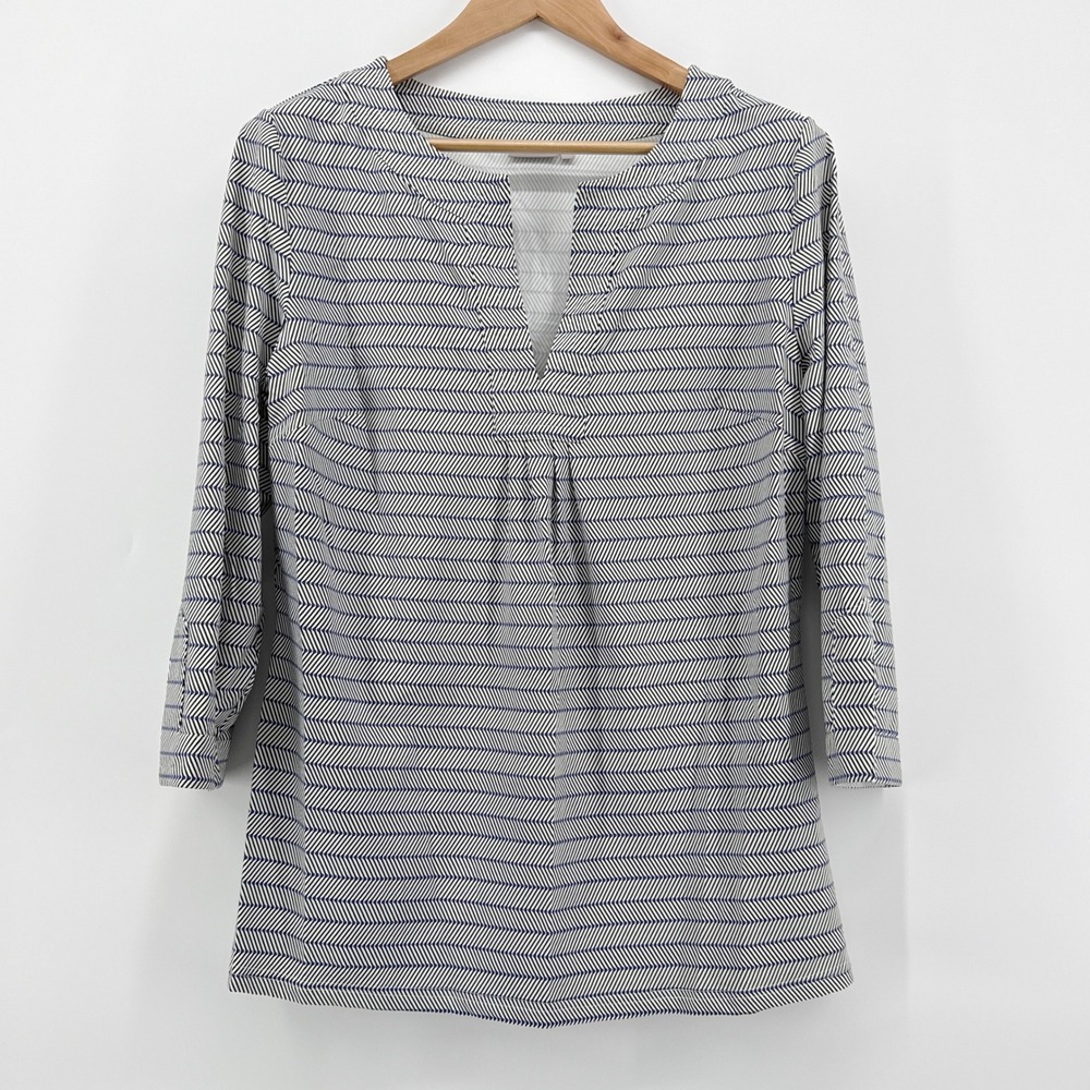 Ellie Kai Linda 16 Blue White Chevron Split Neck 3/4 Sleeve Stretch Tunic Blouse